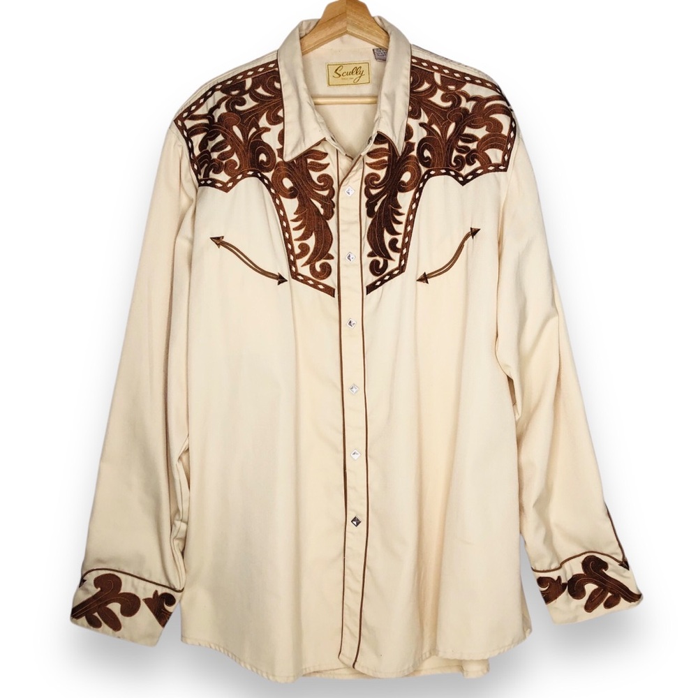 Scully Western Shirt Men 2XL Beige Embroidered Cowboy Festival Rodeo Pearl Snap